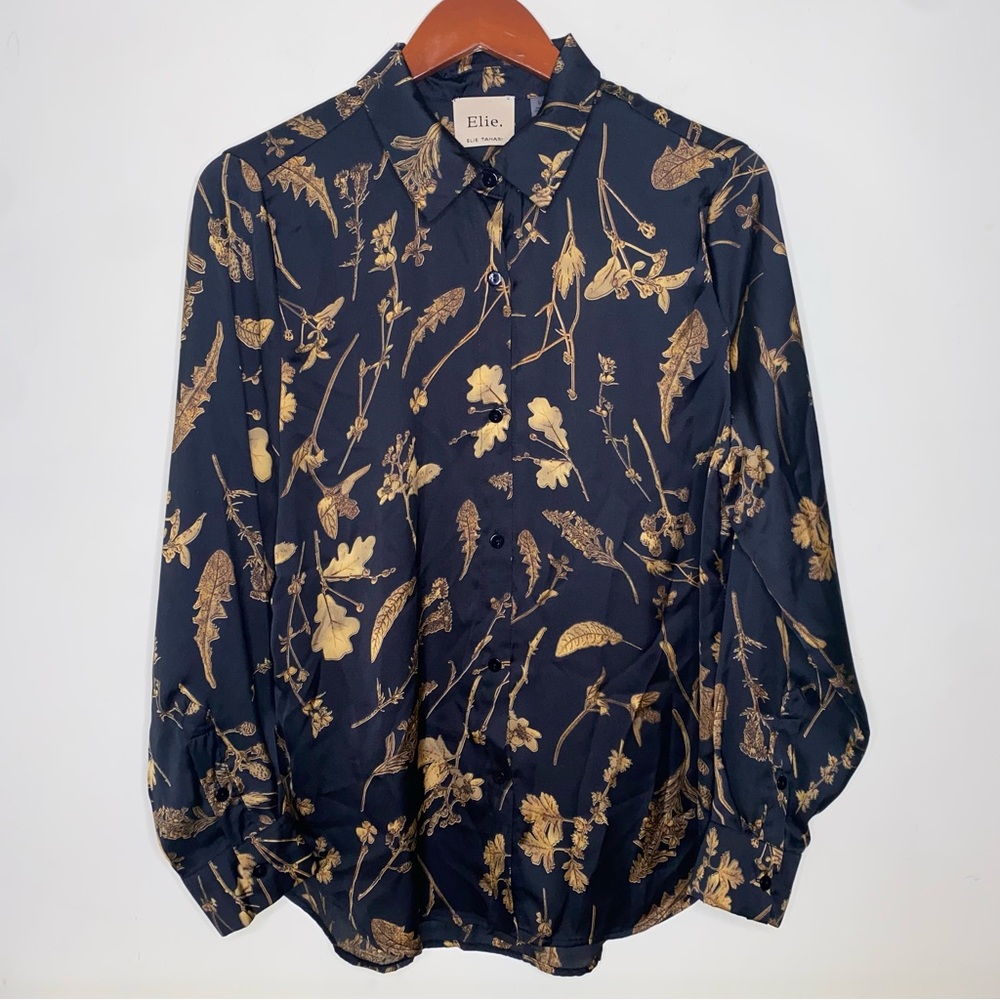 Elie Tahari Dark Blue and Gold Botanical Shirt